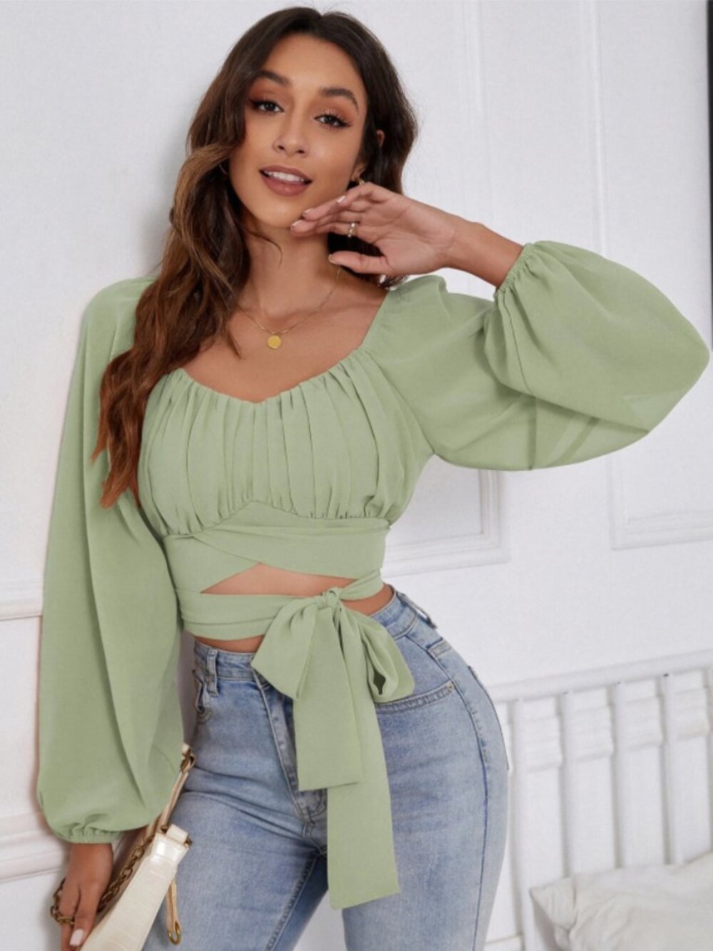 Shein Breezaya Ruched Bust Lantern Sleeve Knot Front Crop Milkmaid Blouse